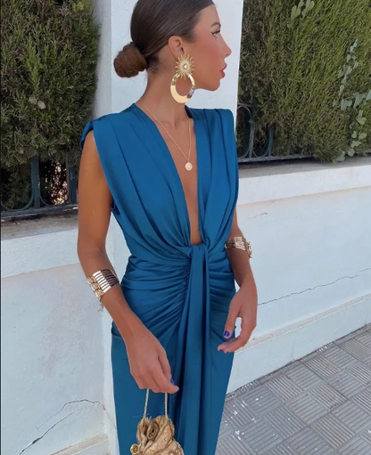 Women's satin-blend evening gown with twist-knot detail, deep V-neck, and elegant front slit