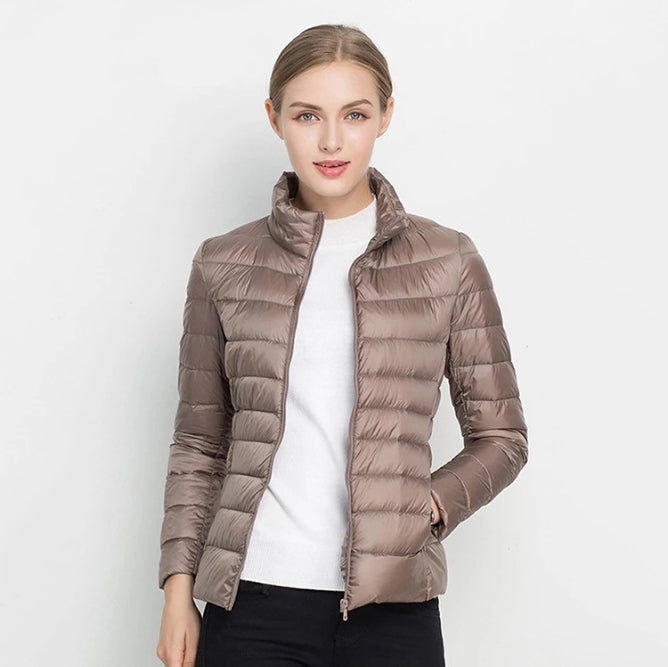 Women's slim fit quilted jacket black zip front high collar insulated lightweight all-season coat
