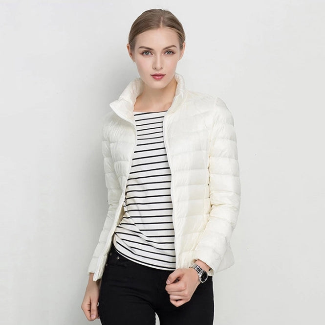 Women's slim fit quilted jacket black zip front high collar insulated lightweight all-season coat