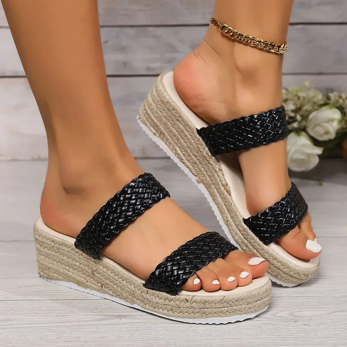 Women's cushioned wedge sandals in neutral tones with soft footbed and graceful elevated heel