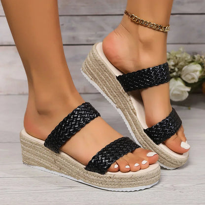 Women's woven braided platform flat sandals with textured sole and understated glamour design