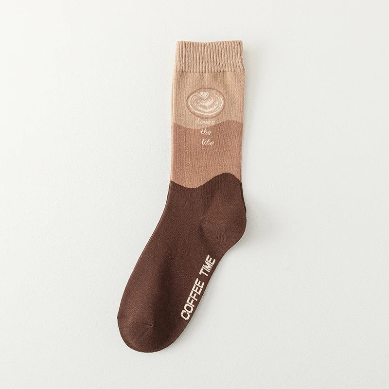 Cozy crew socks with playful coffee cup print, soft cotton blend for everyday casual wear