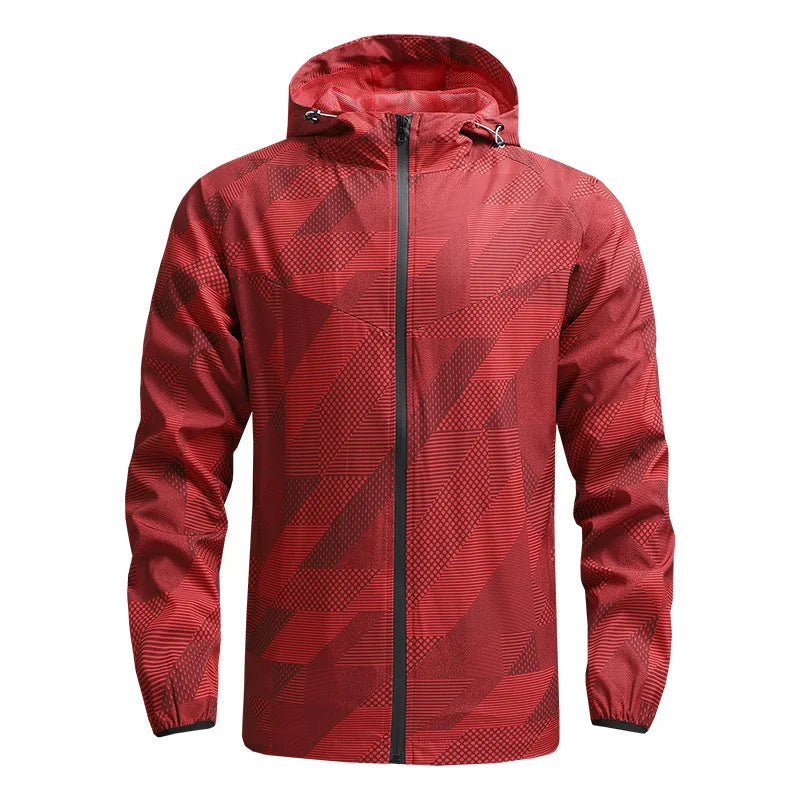 Lightweight geometric camo windbreaker jacket classic fit hood weather-resistant sporty casual layer
