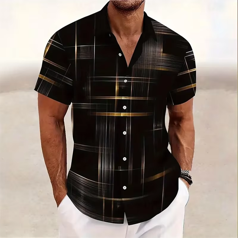 Men's short sleeve button-down shirt in 3D geometric plaid print, modern casual fit with bold dimensional pattern