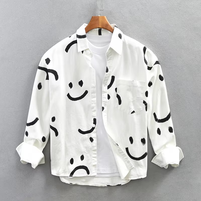 Men's thick cotton overshirt long sleeve workwear top with bold graphic smiley pattern print
