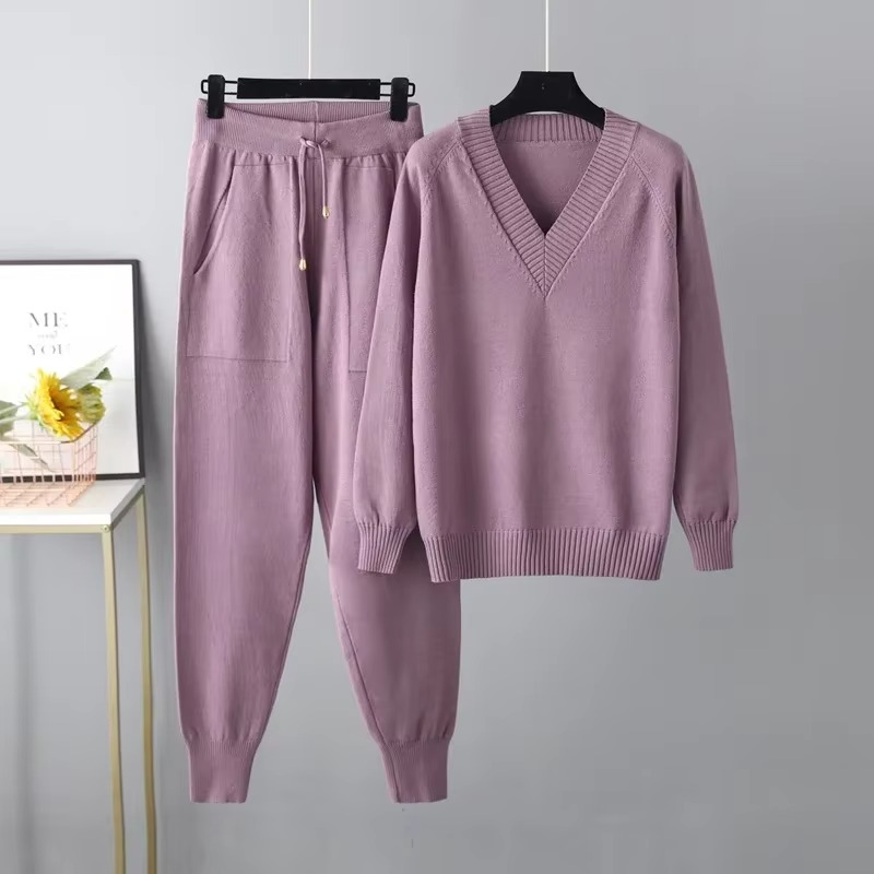 2024 Autumn Winter Women’s Knitted V Neck Sweater and Pants Two Piece Set