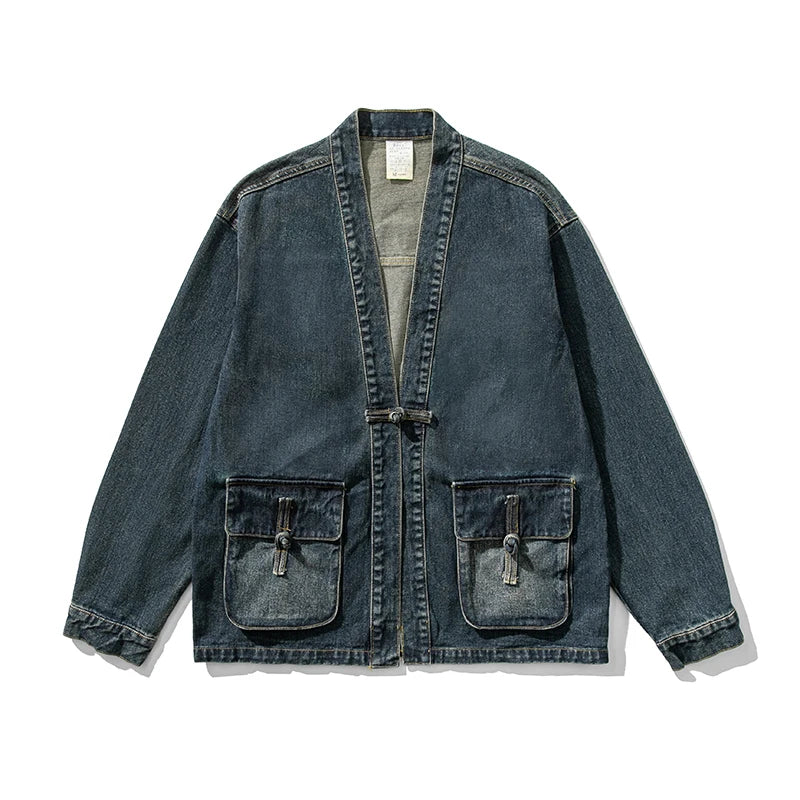 Men's washed denim kimono jacket wide sleeves large front pockets streetwear style