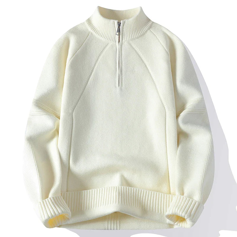 Men's beige mock neck half-zip knit sweater with clean silhouette and refined collar