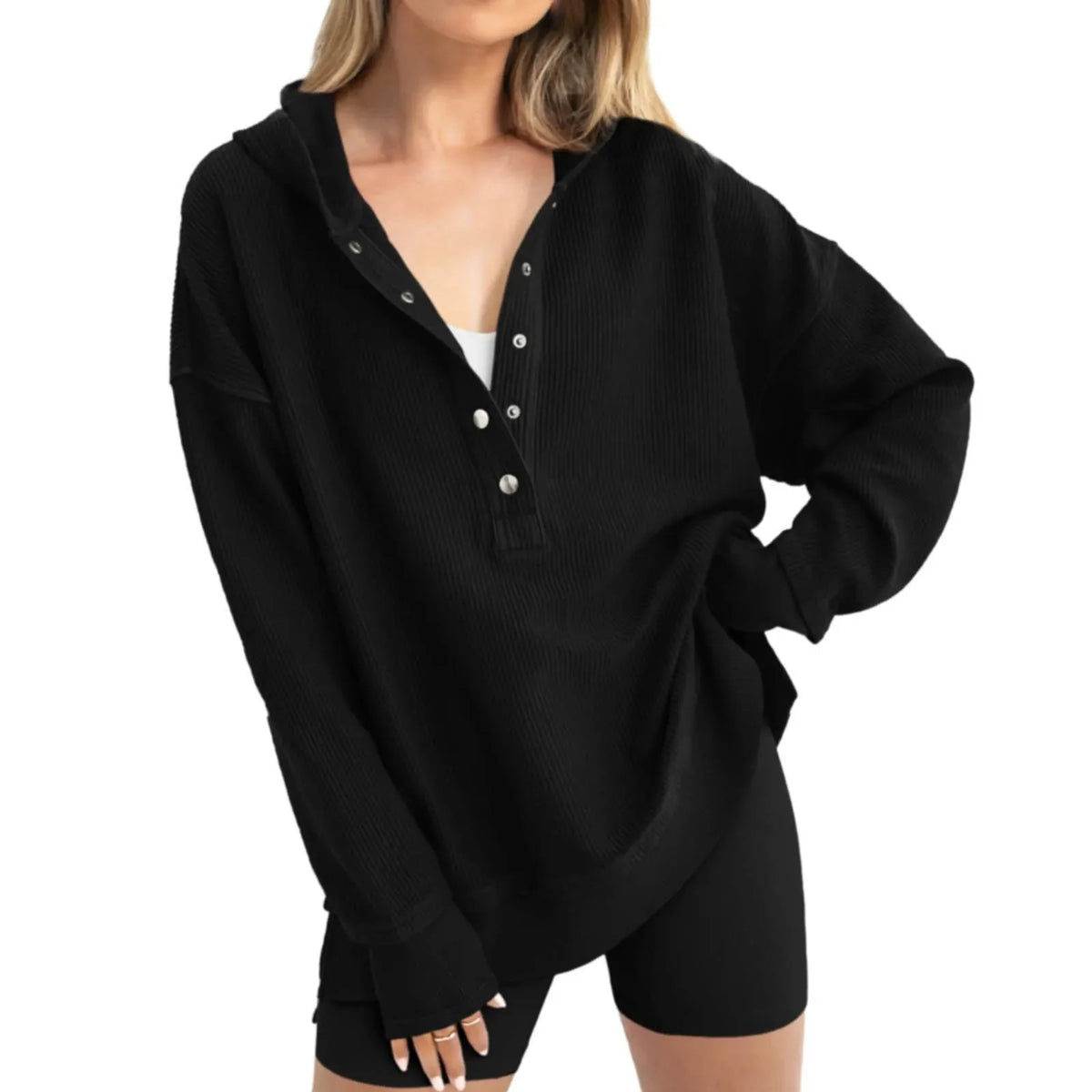 Oversized ribbed knit pullover hoodie with snap-button V-neck and drop shoulders in casual style