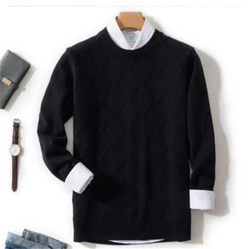 Seldon light gray cashmere crewneck sweater with diamond knit pattern, lightweight luxury layering piece