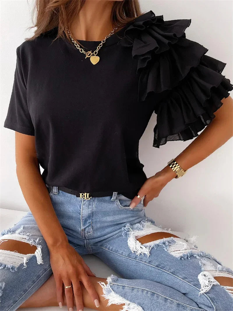 White chic ruffle sleeve blouse with relaxed fit and bold statement design for women
