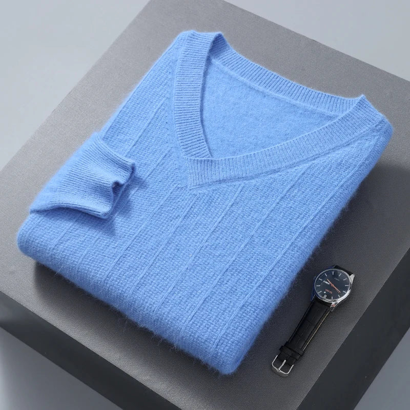 Men's wool blend V-neck pullover sweater loose fit soft knit ribbed hem in neutral tone