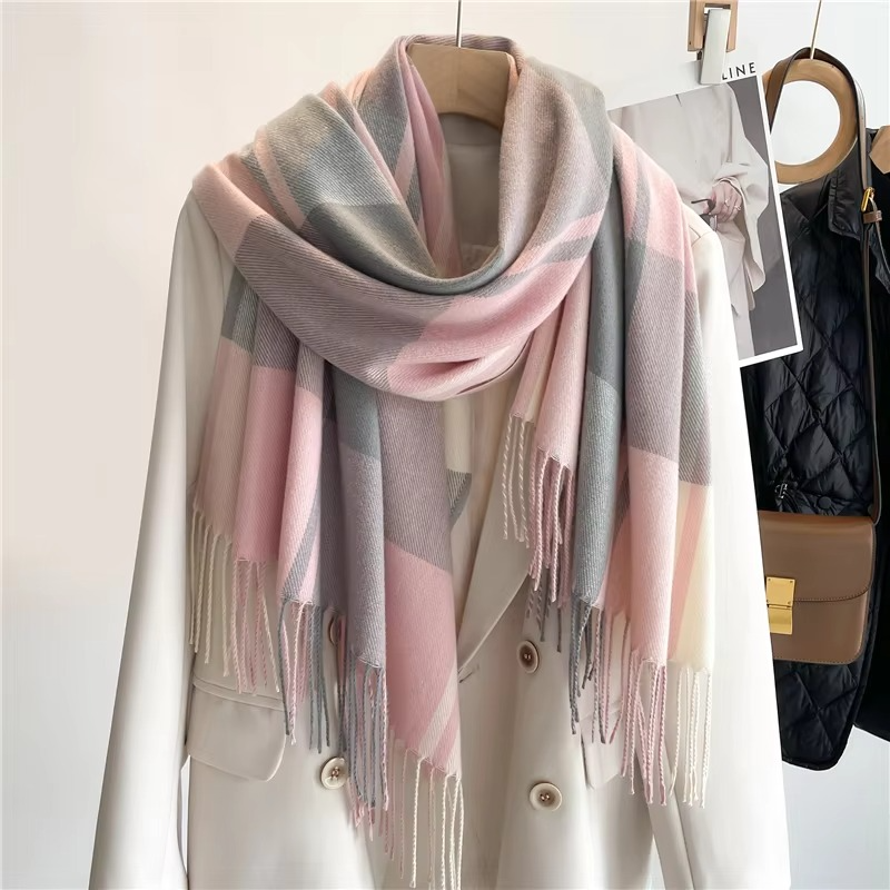Women's plaid cashmere winter scarf in classic tones, thick pashmina shawl with fringe tassels