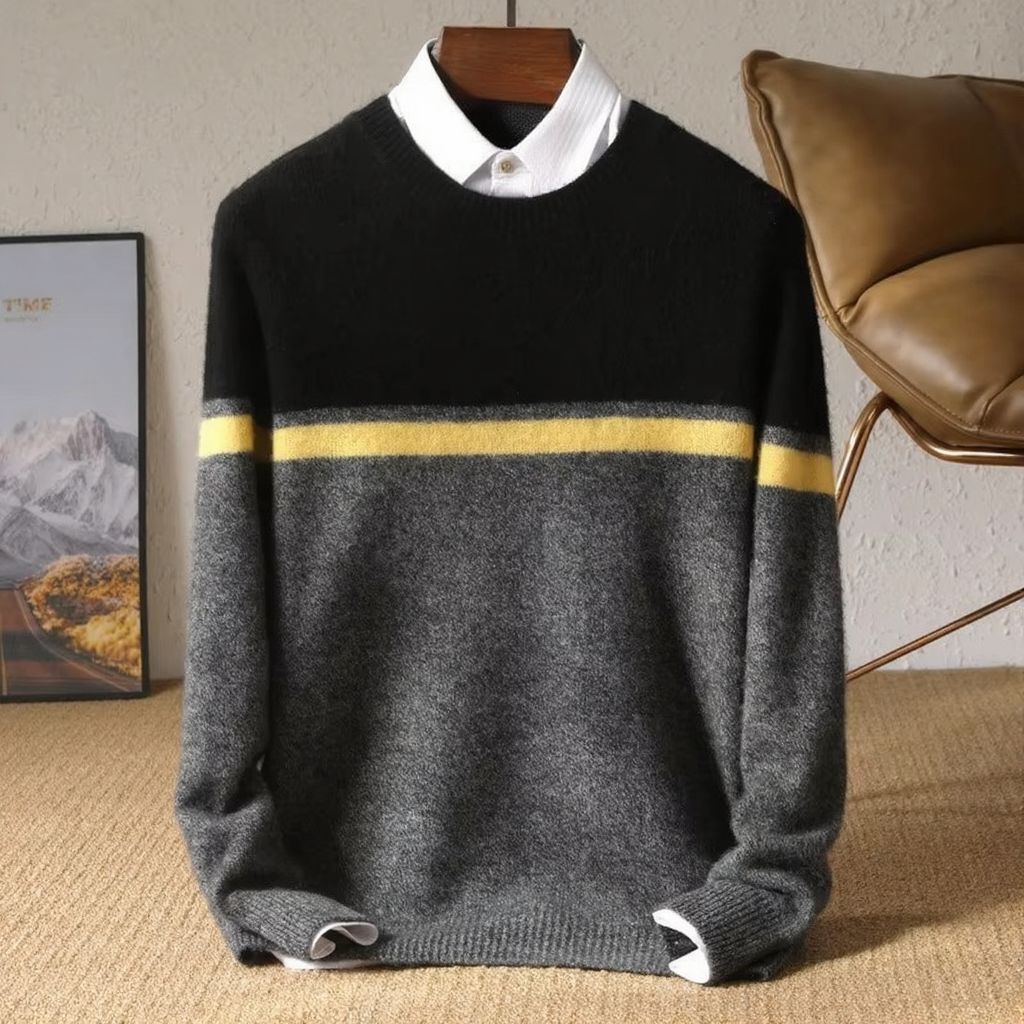 Men's merino wool sweater with contrast panel colorblock design, warm breathable casual fit