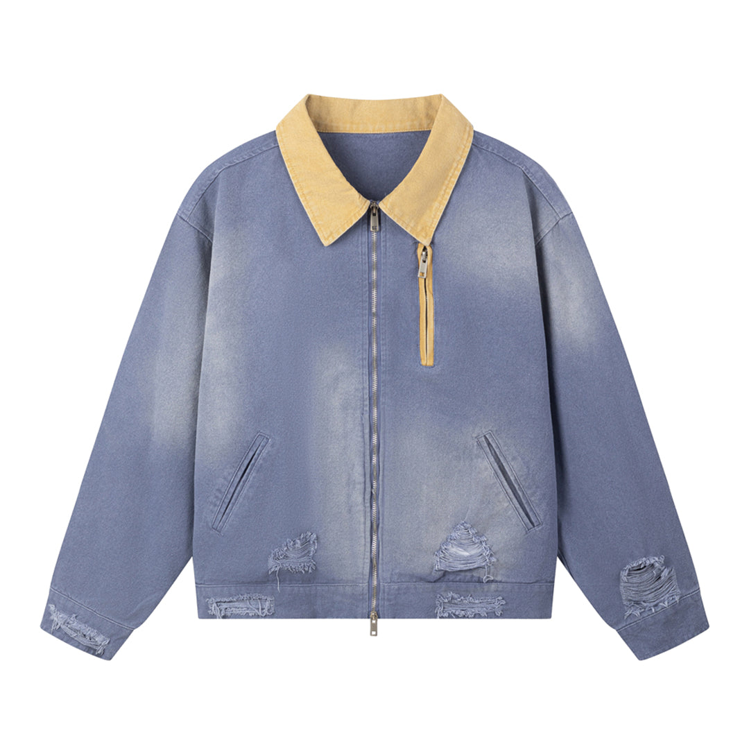 Sun faded denim jacket with color-block detailing, distressed wash finish, loose lapel and zippered chest pocket