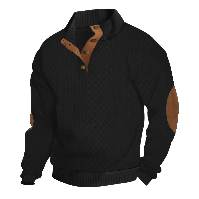 Men's jacquard knit sweater standing collar button-front long sleeve casual beige textured pullover