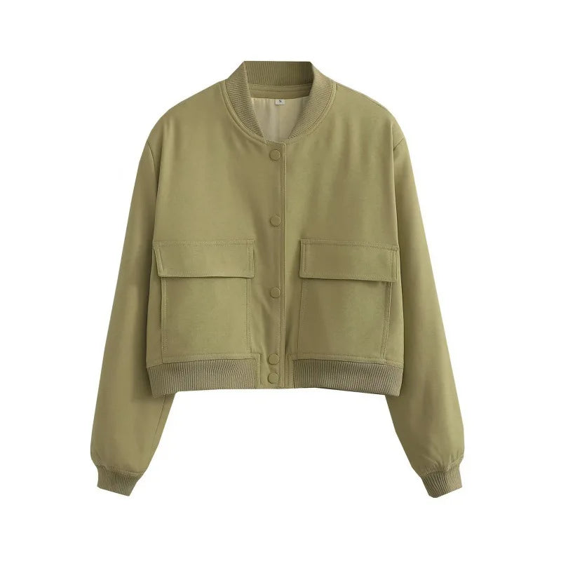 Wavlynn Clara women's casual bomber jacket with front pockets, structured minimalist silhouette for everyday chic