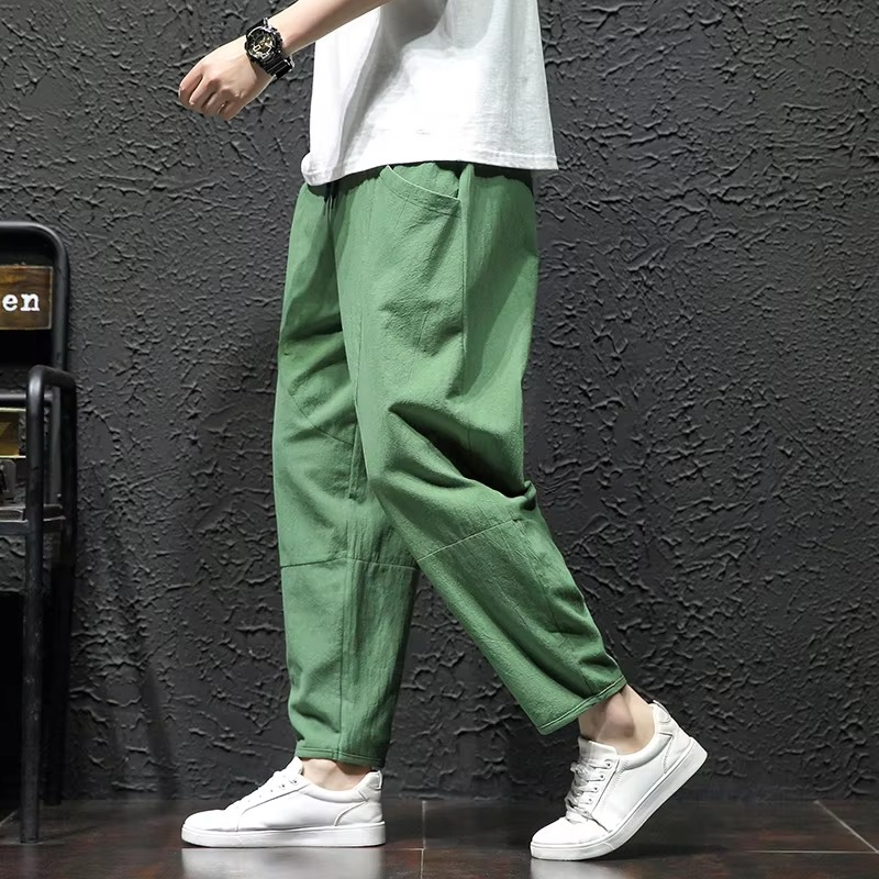 Men's loose cropped cotton pants Japanese street style breathable summer casual fit available to 5XL
