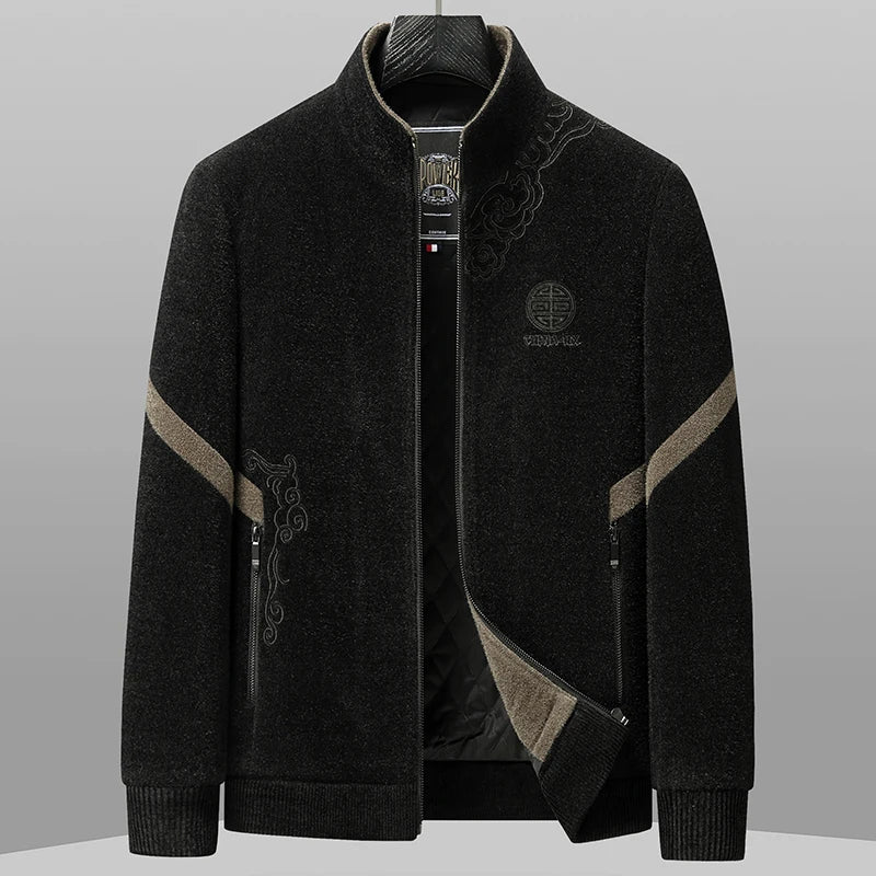 Color-block velvet sweater with bold stripes, mandarin collar, slim silhouette, and muted embroidery details
