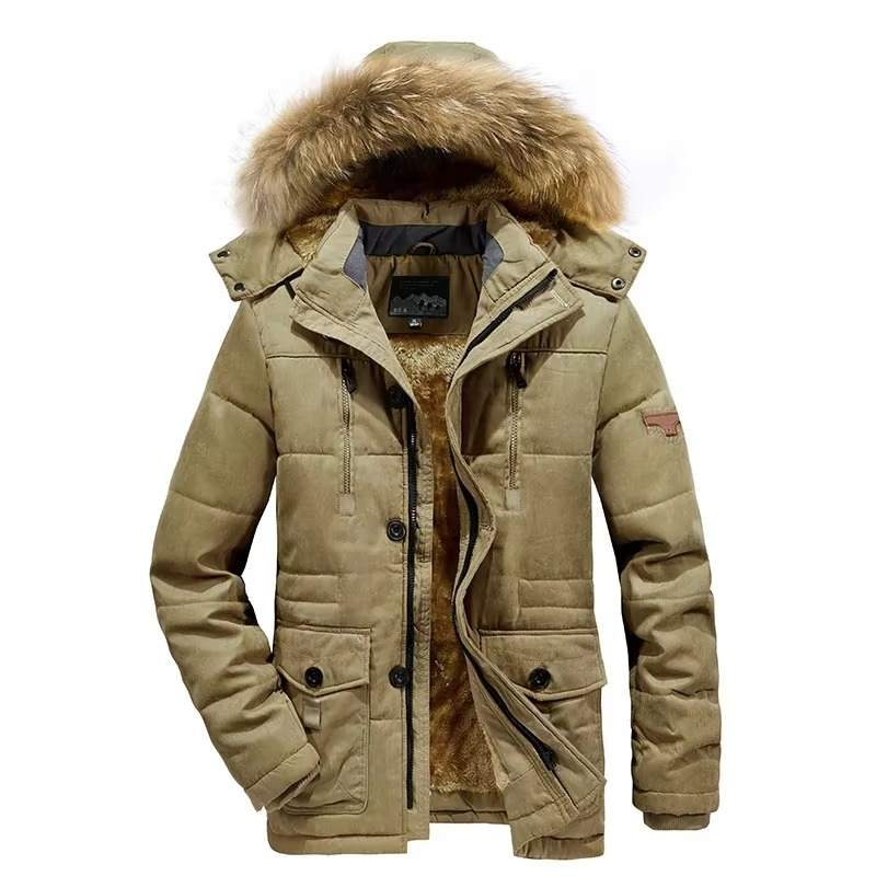 Men's dark winter parka jacket with thick fleece lining, rugged commuter-ready hooded cold-weather coat