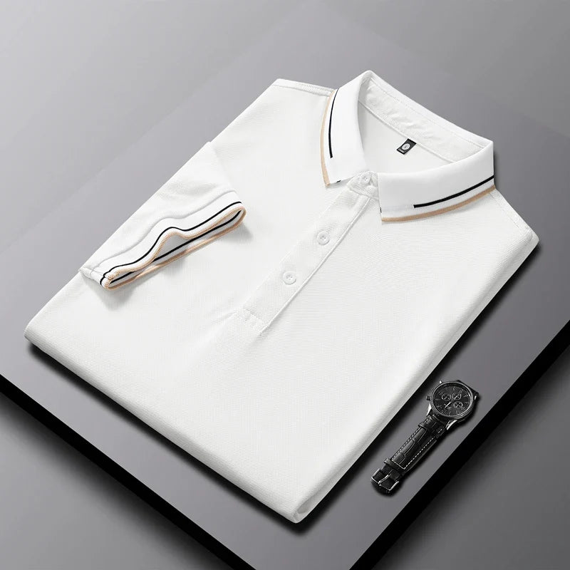 AeroKnit slim tailored polo in classic tones with contrast collar and cuffs, lightweight breathable knit
