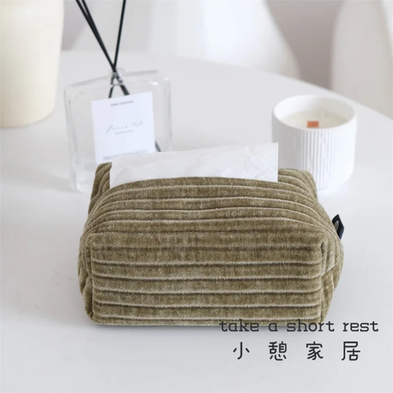 Jacquard corduroy tissue box cover with plush textural nap and subtle woven pattern