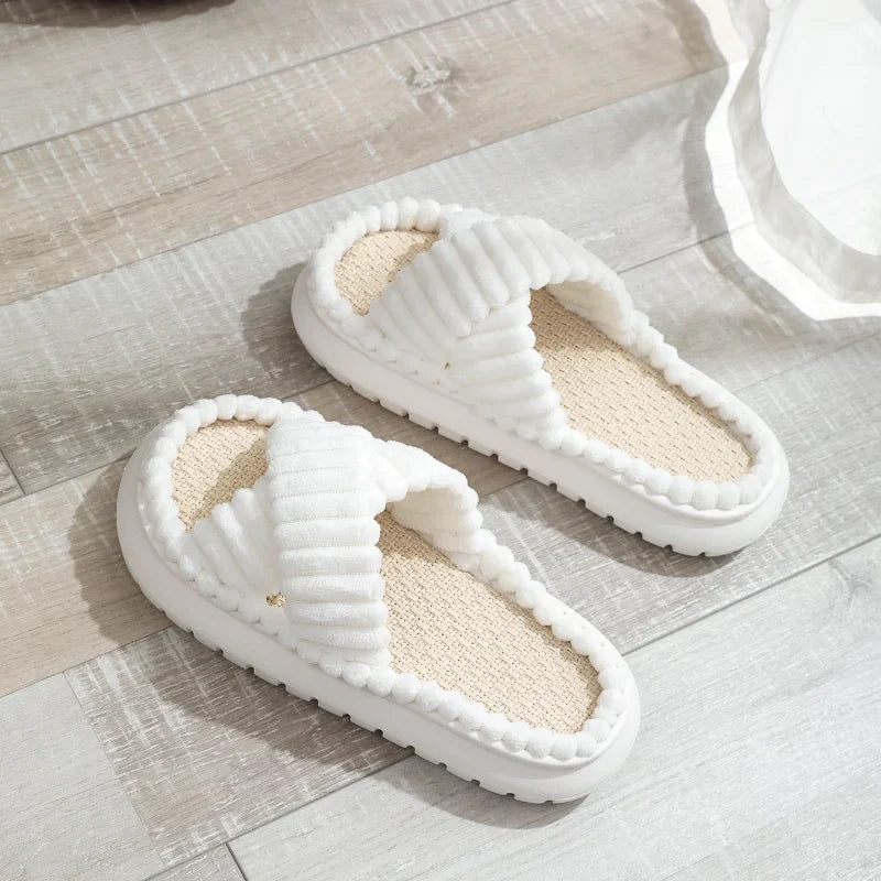 Women's linen slippers slip-on style with sculpted cross-band silhouette in soft neutral tones