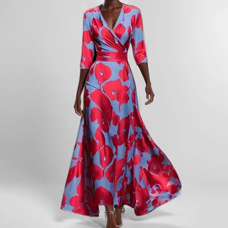 Women's ankle-length printed pleated dress with elegant V-neckline in flowing silhouette