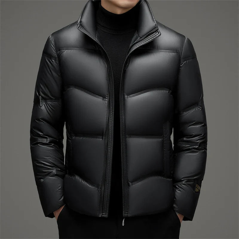 Men's high-gloss water-resistant down jacket in sleek modern fit with reflective shell finish