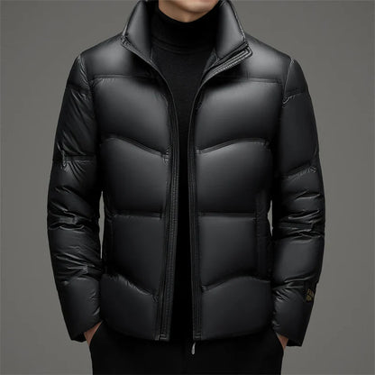 Men's high-gloss water-resistant down jacket in sleek modern fit with reflective shell finish