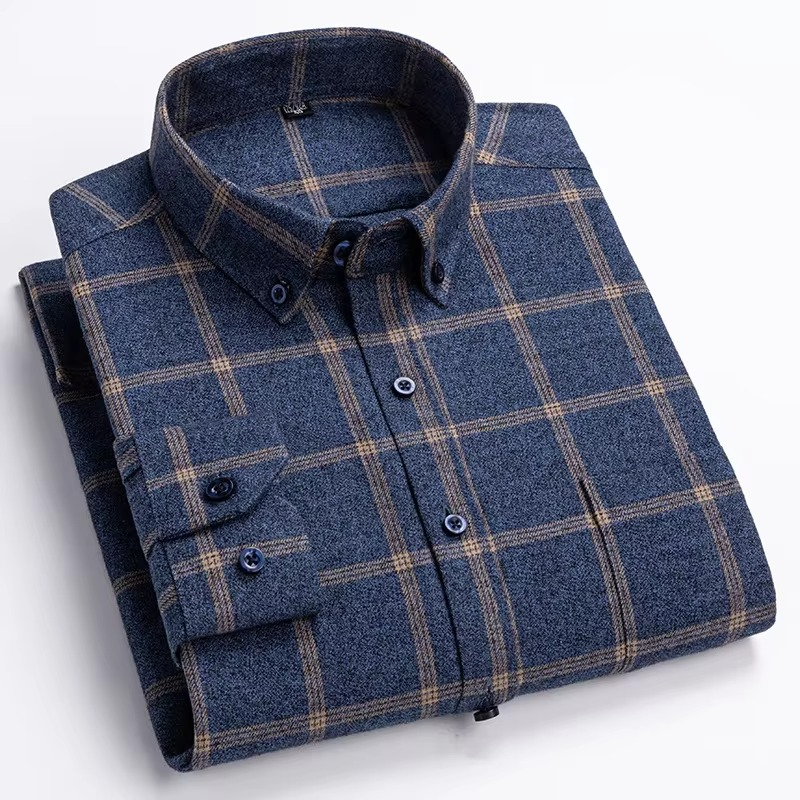 Men's plus size plaid long sleeve shirt in 7XL cotton blend with single chest pocket