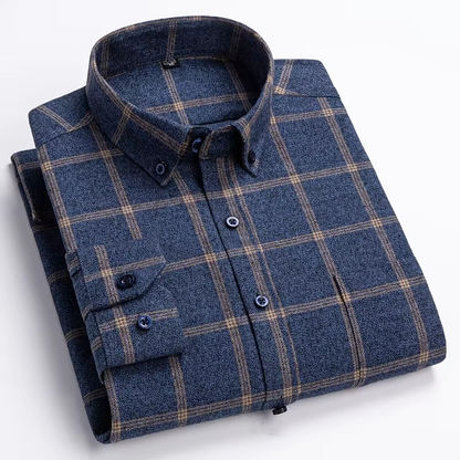 Men's plus size plaid long sleeve shirt in 7XL cotton blend with single chest pocket
