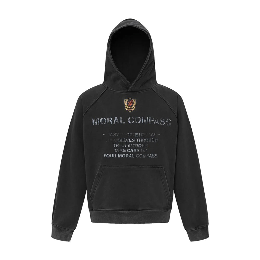 Ash white black loose fit hoodie with washed distressed print graphic, Moral Compass design