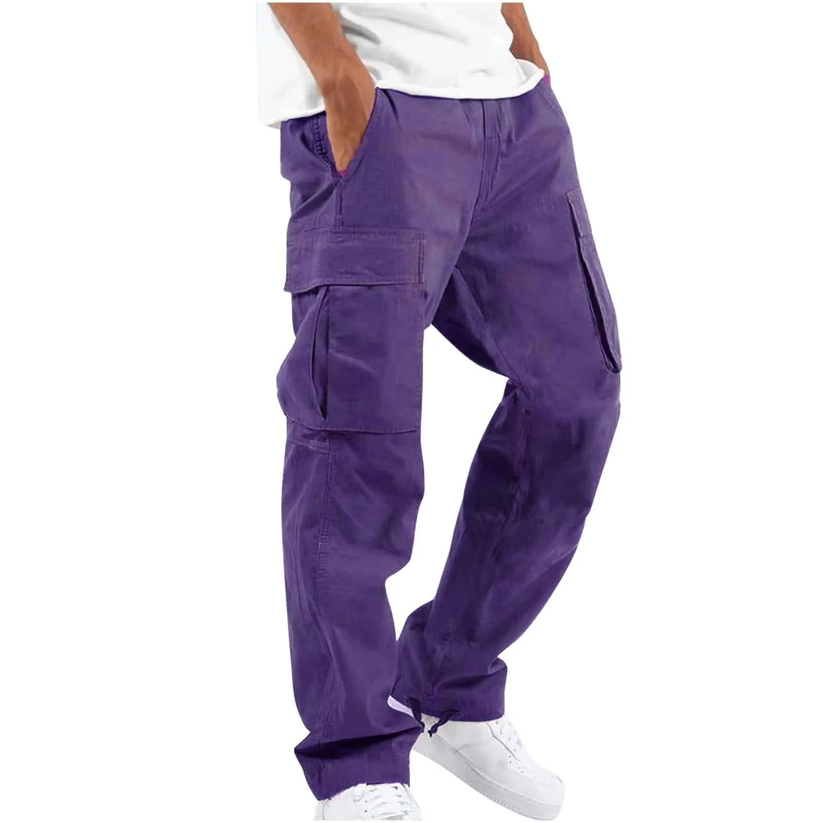 Men's solid cargo pants relaxed fit multi-pocket adjustable drawstring waist everyday comfort