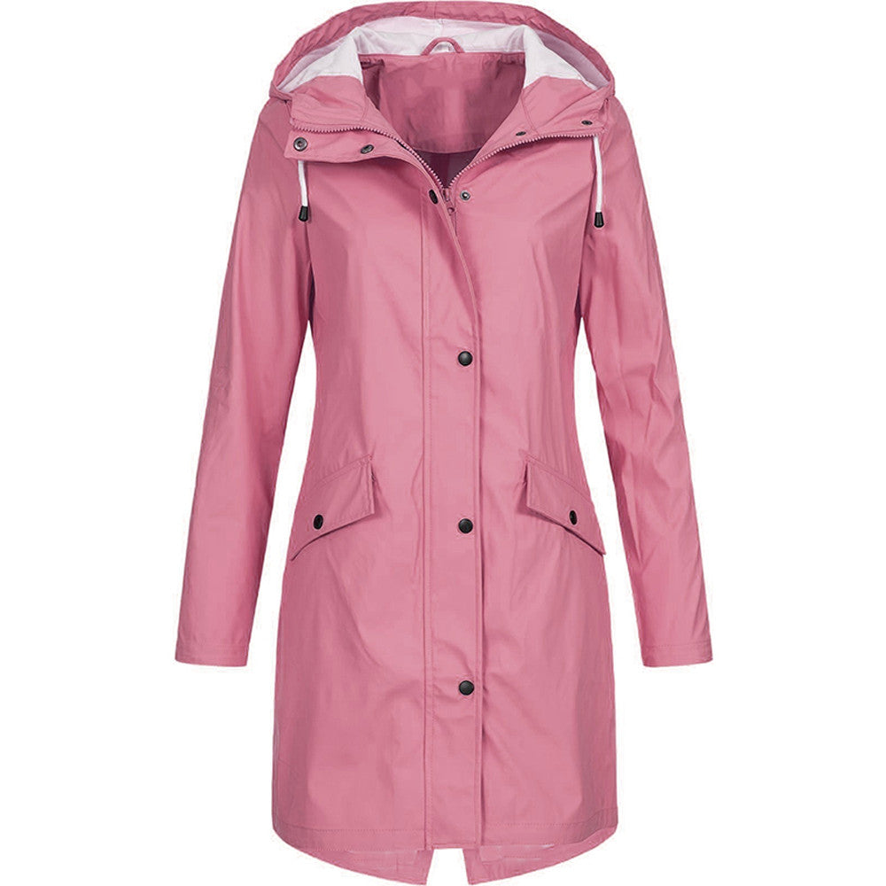 Women's hooded rain jacket in relaxed fit, mid-thigh length, water-resistant zip-front style