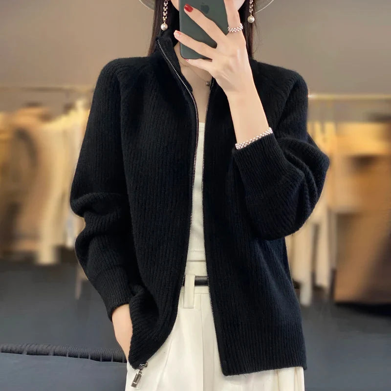 Charlotte Prestige pure wool zip-up sweater with padded shoulders, timeless versatile style