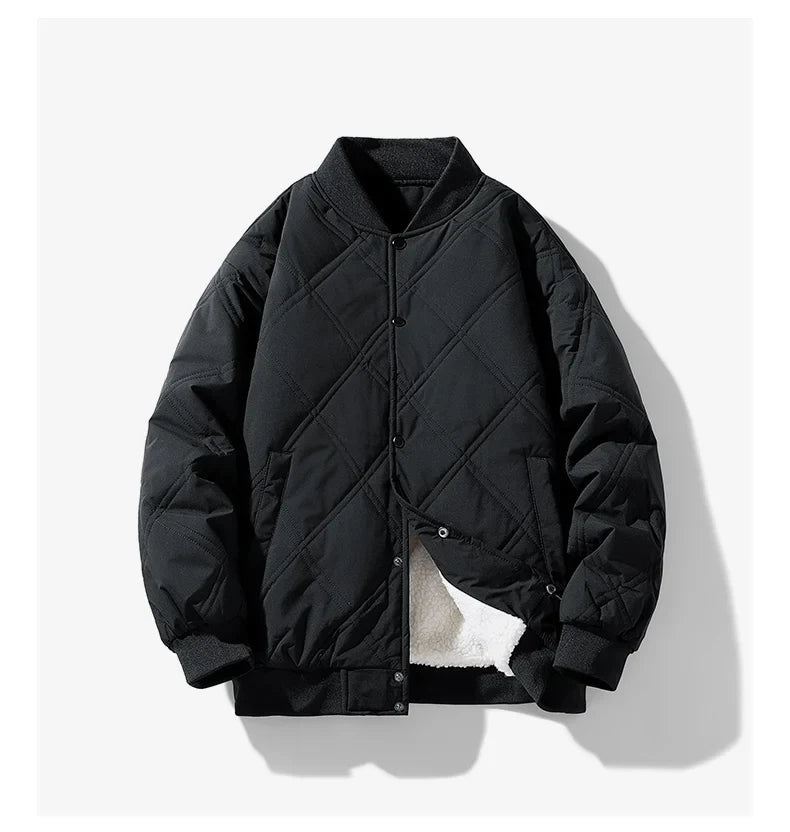 Men's navy quilted cotton padded winter jacket with fleece-lined interior and structured silhouette