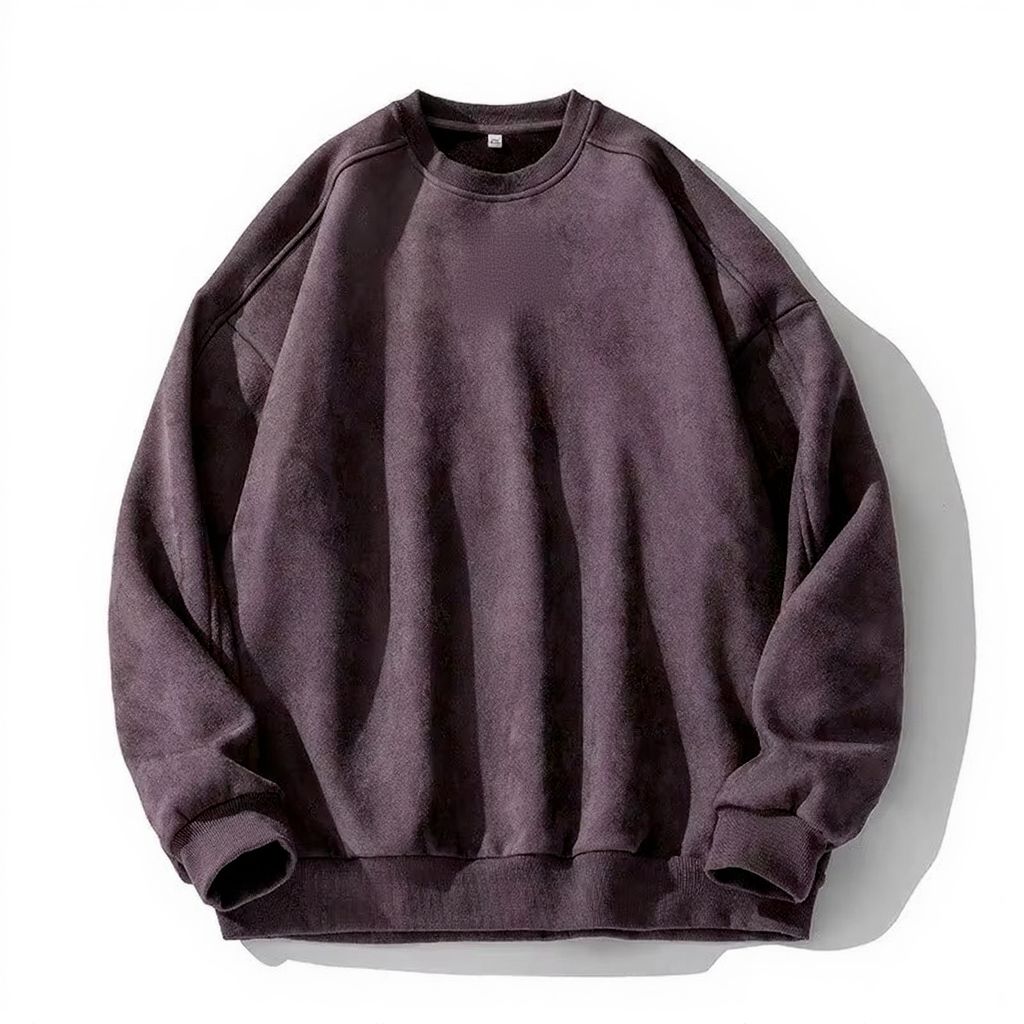 Men's faux suede oversized pullover sweatshirt in neutral tone with vintage-inspired relaxed silhouette