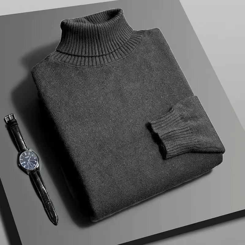 Men's slim fit knitted turtleneck sweater in neutral tone, long sleeve pullover with rich textured knit