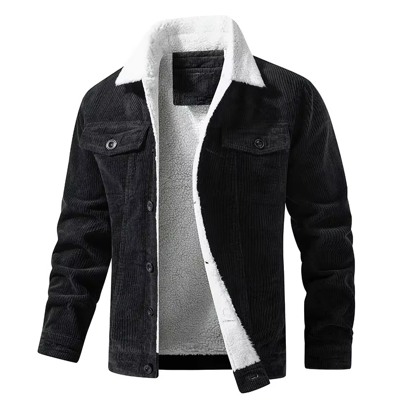 Navy corduroy fleece-lined men's winter jacket with textured shell and warm utility casual fit