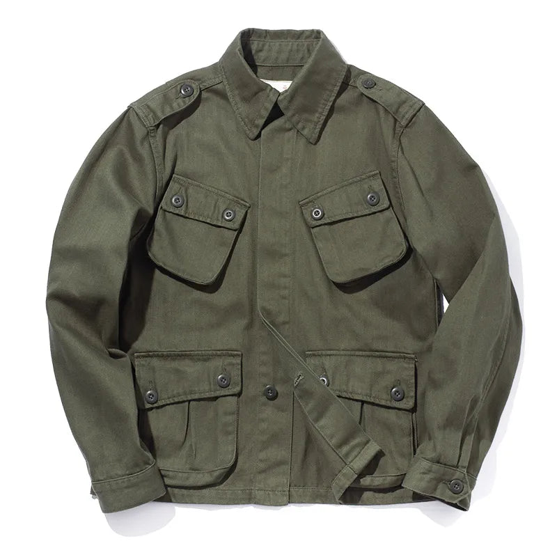 Men's olive military M42 paratrooper jacket vintage cut with spacious utility pockets all-weather
