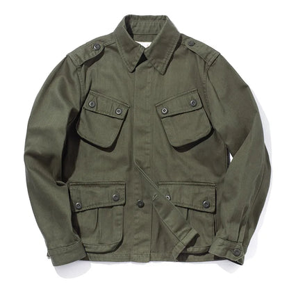 Men's olive military M42 paratrooper jacket vintage cut with spacious utility pockets all-weather