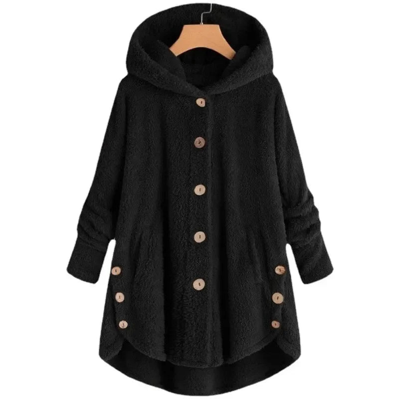 Women's plush fleece hooded jacket relaxed fit with button front closure in cozy texture