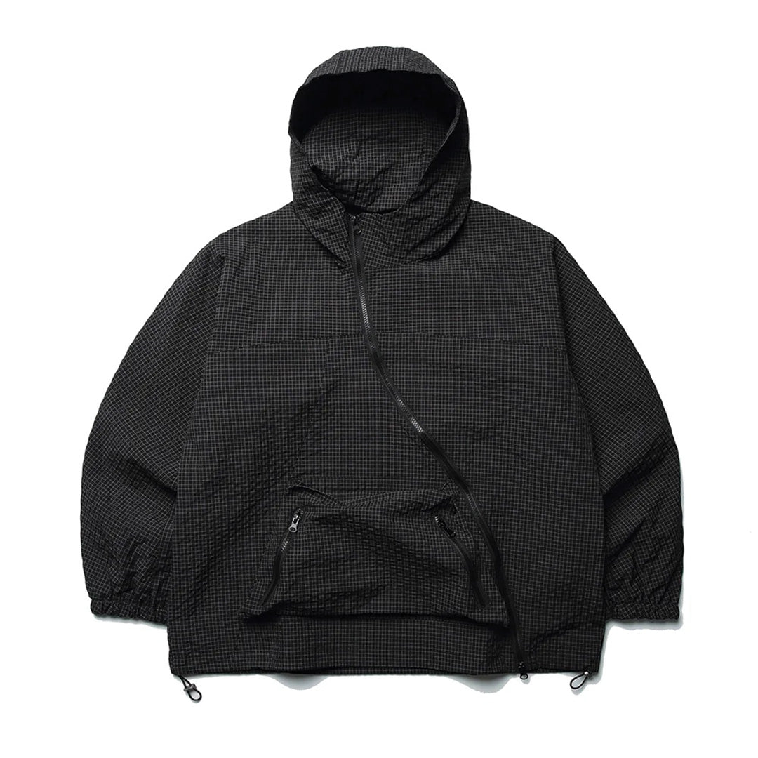 Plaid windbreaker jacket with oblique zipper closure, hood, and drawstring waistband in nylon blend