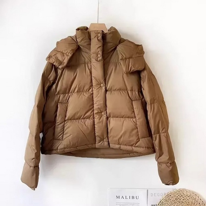 Women's black puffer down jacket detachable hood thickened high-insulation city chic winter coat