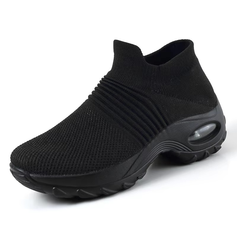 Women's black mesh platform sneakers with breathable knit upper and bold chunky sole for gym