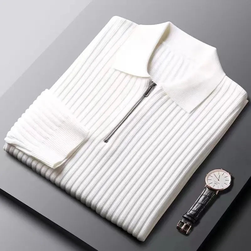 Men's ribbed zip neck sweater modern slim fit knit top with textured vertical ribs casual-chic style
