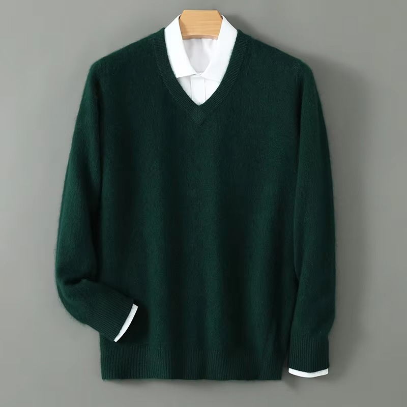 Men's cashmere blend V-neck knit pullover, loose fit, plush lightweight warmth for plus size winter wear