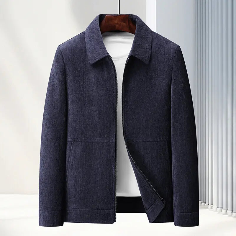 Belmonte mid-length woven jacket in neutral tone, lightweight polyester-spandex blend with front zipper