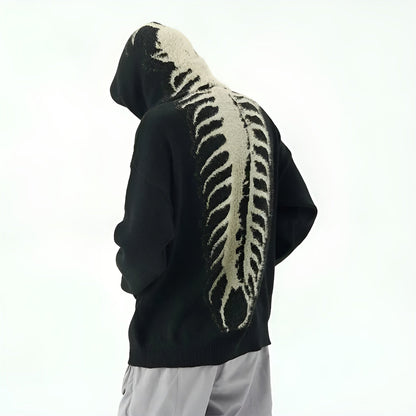 Anthracite knit grunge hoodie with giant centipede spine motif and jagged font lettering